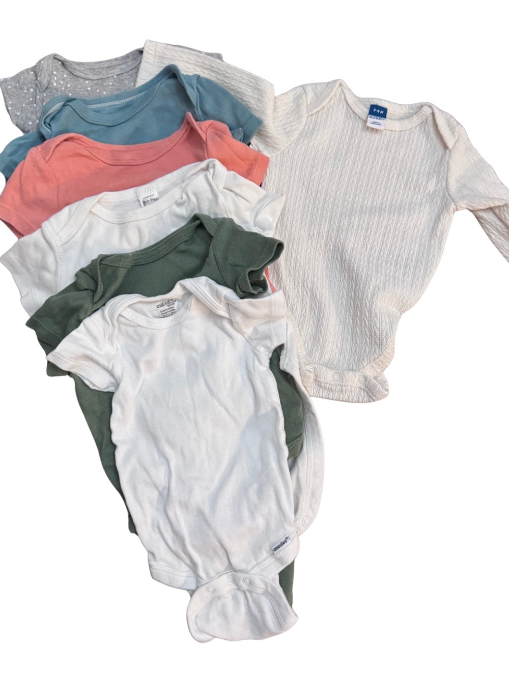 Set of 7 Neutral Baby Onesie Set - White, Olive, Coral, Teal